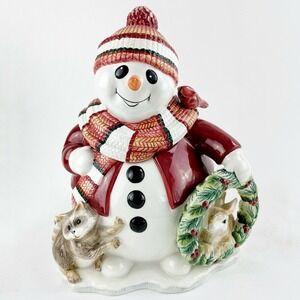 Fitz and Floyd Woodland Snowman Cookie Jar Christmas Holiday Decor Ceramic